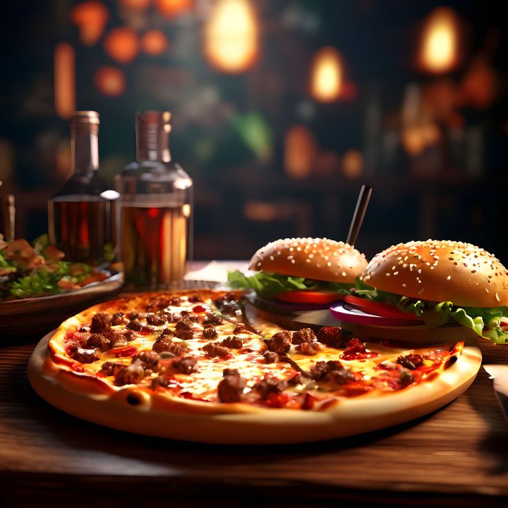burger with pizza served in restaurant with drink