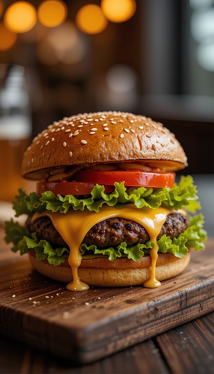mouth-watering close-up of a classic cheeseburger…